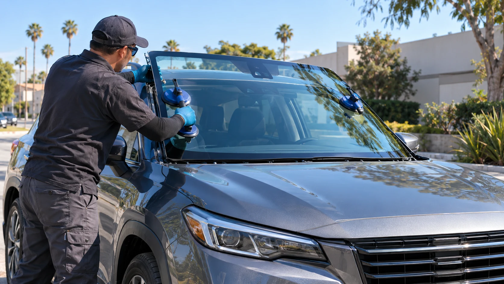 Mobile auto glass technician carefully fitting a windshield
